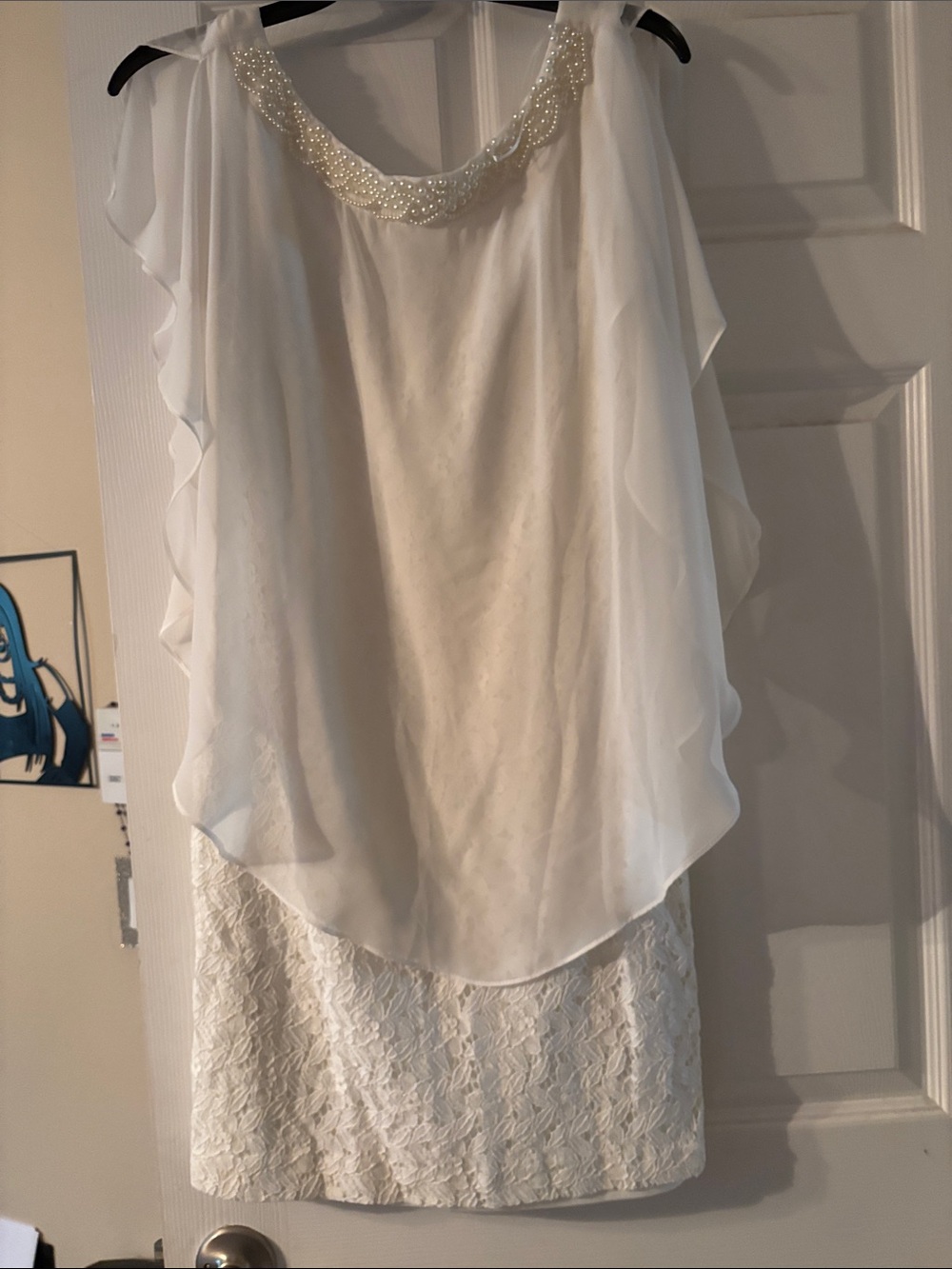 Studio One White Chiffon & Lace Mini Dress with Pearl Embellished Neckline